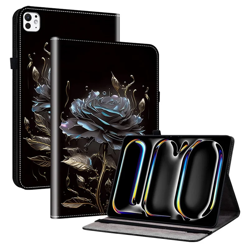 For iPad Pro 11 (2025) / 11 (2024) Case Stylish Pattern PU Leather Stand Tablet Cover with Card Slots - Black Rose