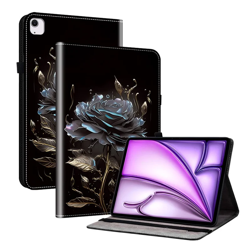 For iPad Air 13 (2026) / (2025) / (2024) Stand Case Pattern Print PU Leather Folio Tablet Cover with Card Holder - Black Rose