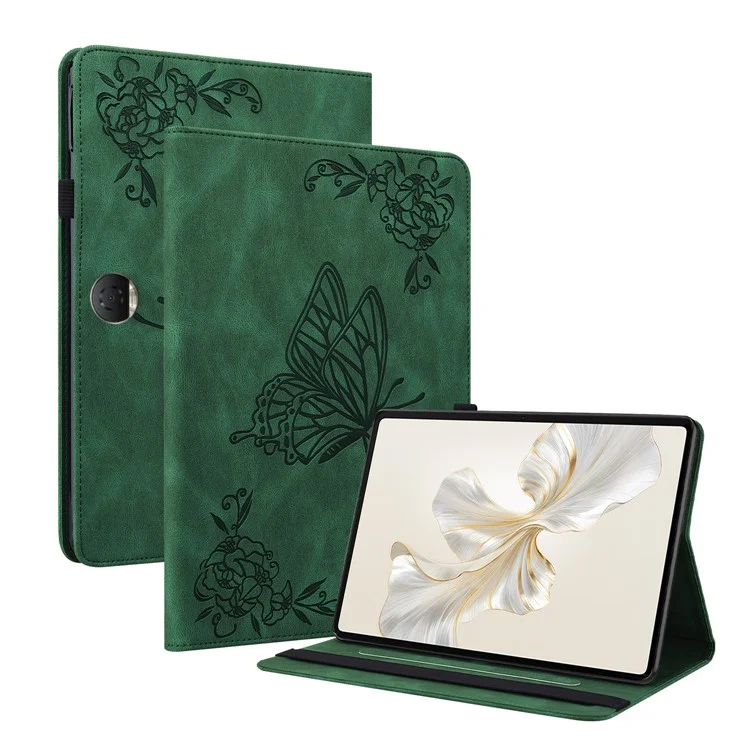 For Honor Pad 9 Case Butterfly Flower Leather Flip Card Slots Tablet Cover - Green