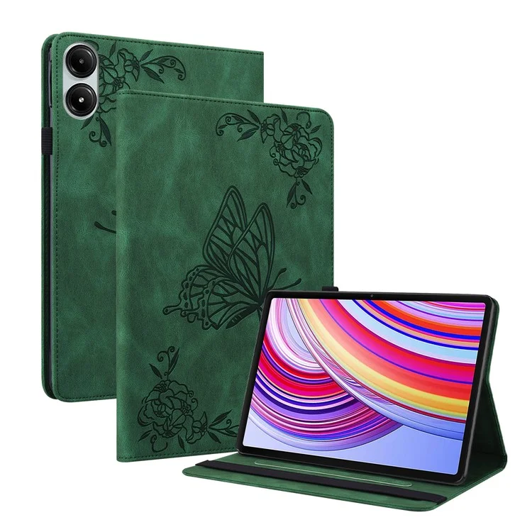 For Xiaomi Redmi Pad Pro / Redmi Pad Pro 5G / Poco Pad Protective Cover PU Leather Butterfly Flower Stand Tablet Case - Green