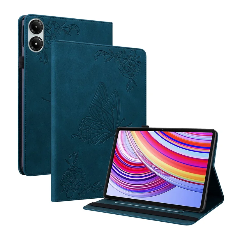 For Xiaomi Redmi Pad Pro / Redmi Pad Pro 5G / Poco Pad Protective Cover PU Leather Butterfly Flower Stand Tablet Case - Dark Blue