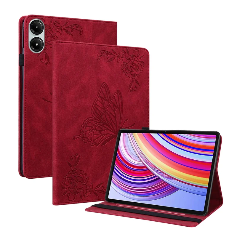 Para Xiaomi Redmi Pad Pro / Redmi Pad Pro 5G / Poco Pad Funda Protectora de Cuero PU con Mariposa y Flor Soporte para Tableta - Rojo