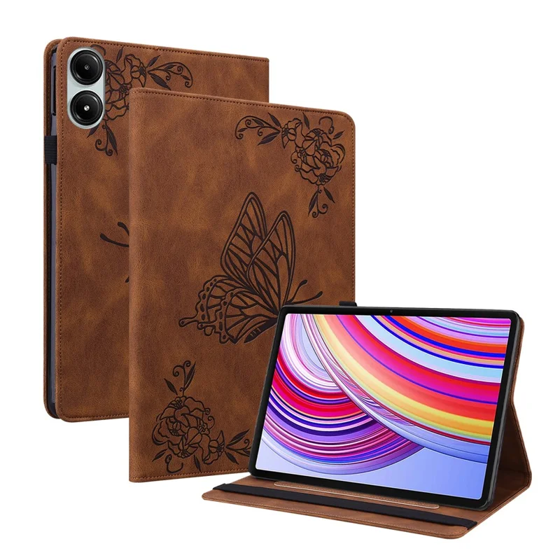 Per Xiaomi Redmi Pad Pro / Redmi Pad Pro 5G / Poco Pad Cover Protettiva in Pelle PU a Farfalla Fiore in Piedi Custodia Tablet - Marrone