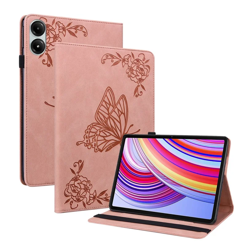 For Xiaomi Redmi Pad Pro / Redmi Pad Pro 5G / Poco Pad Protective Cover PU Leather Butterfly Flower Stand Tablet Case - Pink