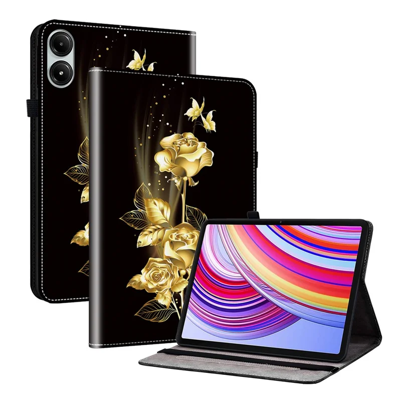 For Xiaomi Redmi Pad Pro / Redmi Pad Pro 5G / Poco Pad Case with Card Slots PU Leather Stand Tablet Cover - Gold Butterfly Rose