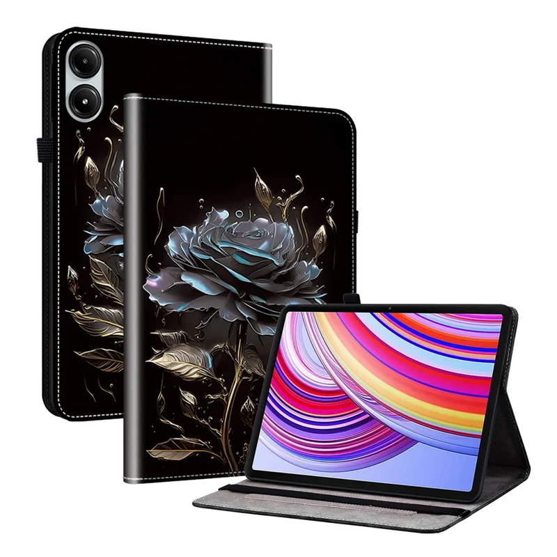 For Xiaomi Redmi Pad Pro / Redmi Pad Pro 5G / Poco Pad Case with Card Slots PU Leather Stand Tablet Cover - Black Rose
