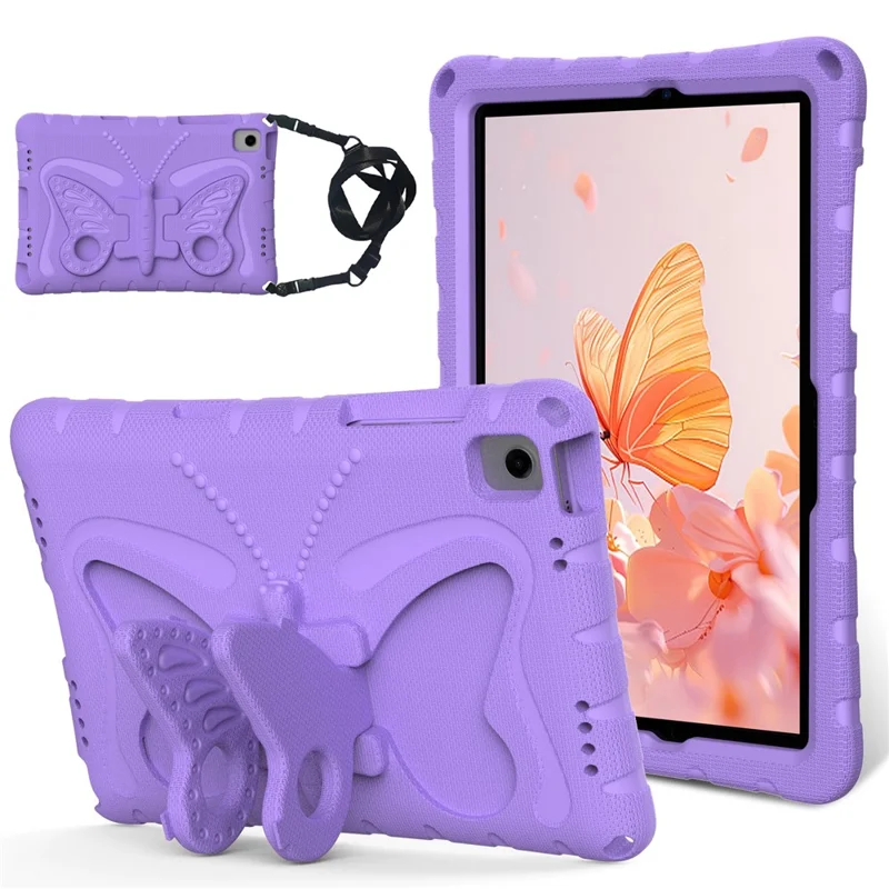 For Samsung Galaxy Tab A11+ / A9+ Case Butterfly Kickstand EVA Tablet Cover with Shoulder Strap - Light Purple