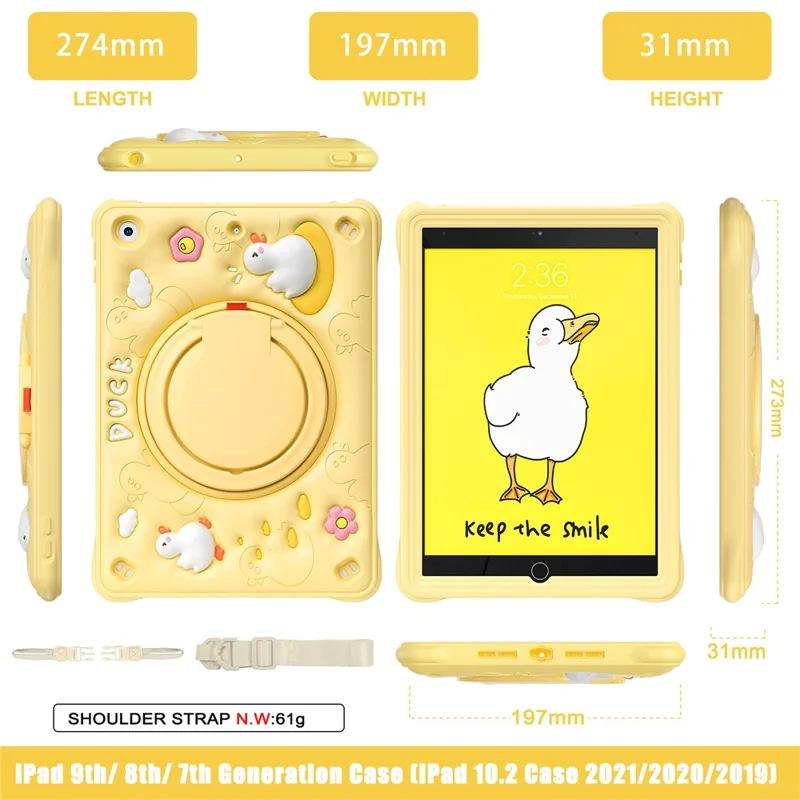 For iPad 10.2 (2021) / (2020) / (2019) Case Cartoon Duck Hand Grip Kickstand PC+Silicone Tablet Cover
