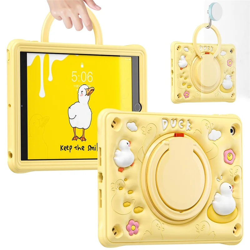 For iPad 10.2 (2021) / (2020) / (2019) Case Cartoon Duck Hand Grip Kickstand PC+Silicone Tablet Cover