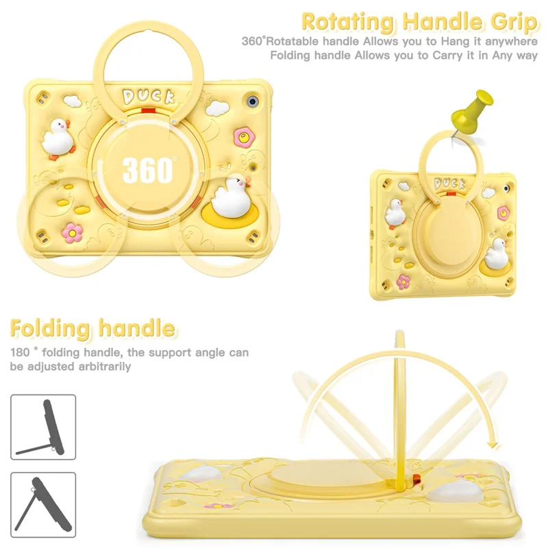 For iPad 10.2 (2021) / (2020) / (2019) Case Cartoon Duck Hand Grip Kickstand PC+Silicone Tablet Cover