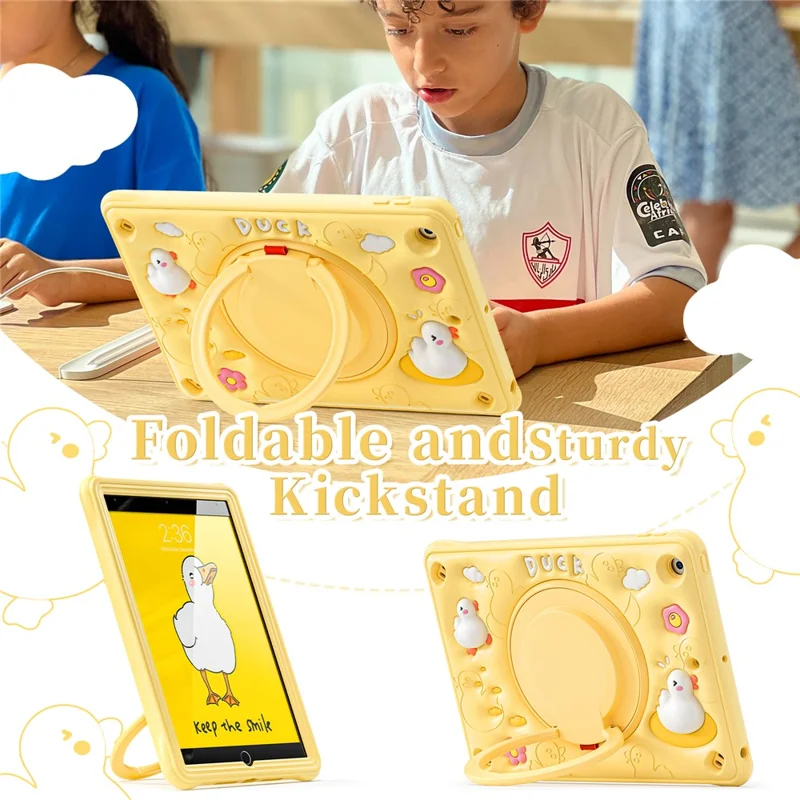 For iPad 10.2 (2021) / (2020) / (2019) Case Cartoon Duck Hand Grip Kickstand PC+Silicone Tablet Cover
