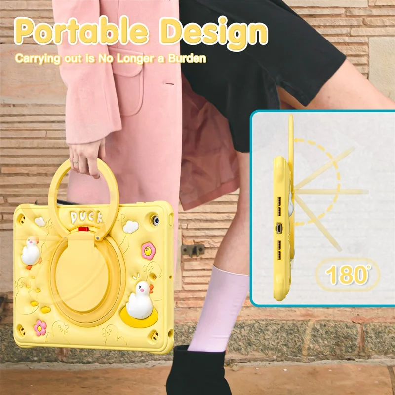 For iPad 10.2 (2021) / (2020) / (2019) Case Cartoon Duck Hand Grip Kickstand PC+Silicone Tablet Cover