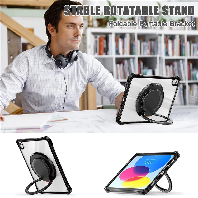 For iPad (2025) / 10.9 (2022) Case Rotating Handle Grip TPU+PC Clear Tablet Cover - Black