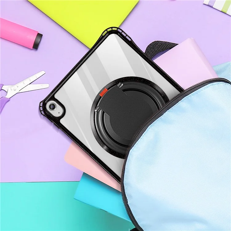 For iPad (2025) / 10.9 (2022) Case Rotating Handle Grip TPU+PC Clear Tablet Cover - Black