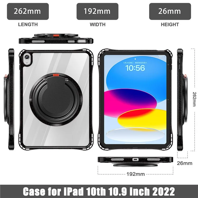 For iPad (2025) / 10.9 (2022) Case Rotating Handle Grip TPU+PC Clear Tablet Cover - Black