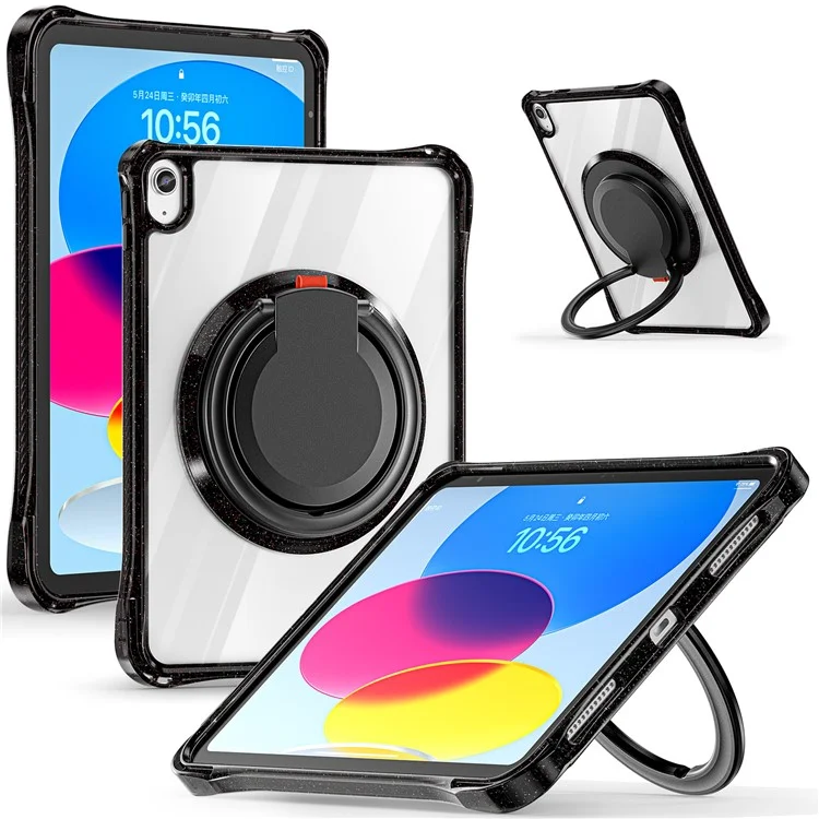 For iPad (2025) / 10.9 (2022) Case Rotating Handle Grip TPU+PC Clear Tablet Cover - Black