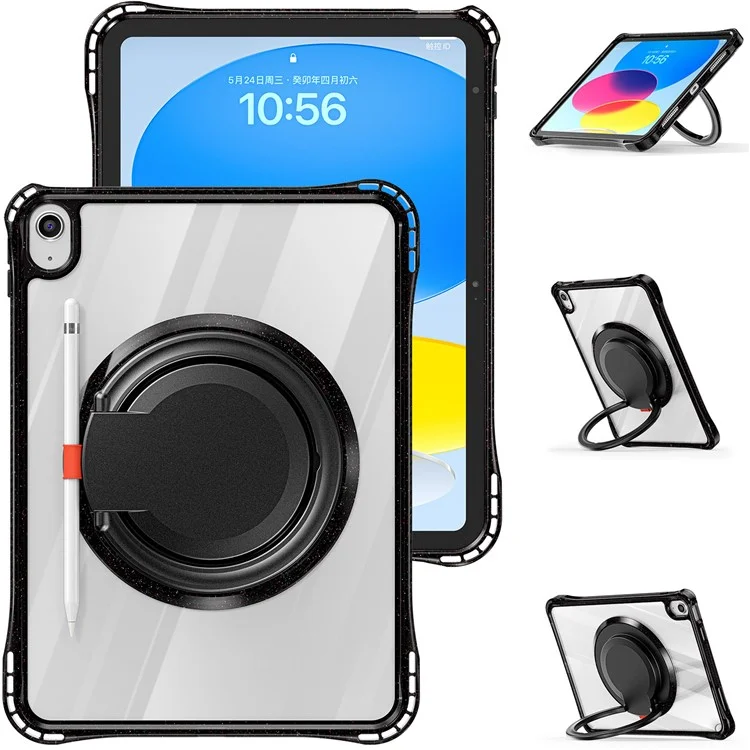 For iPad (2025) / 10.9 (2022) Case Rotating Handle Grip TPU+PC Clear Tablet Cover - Black