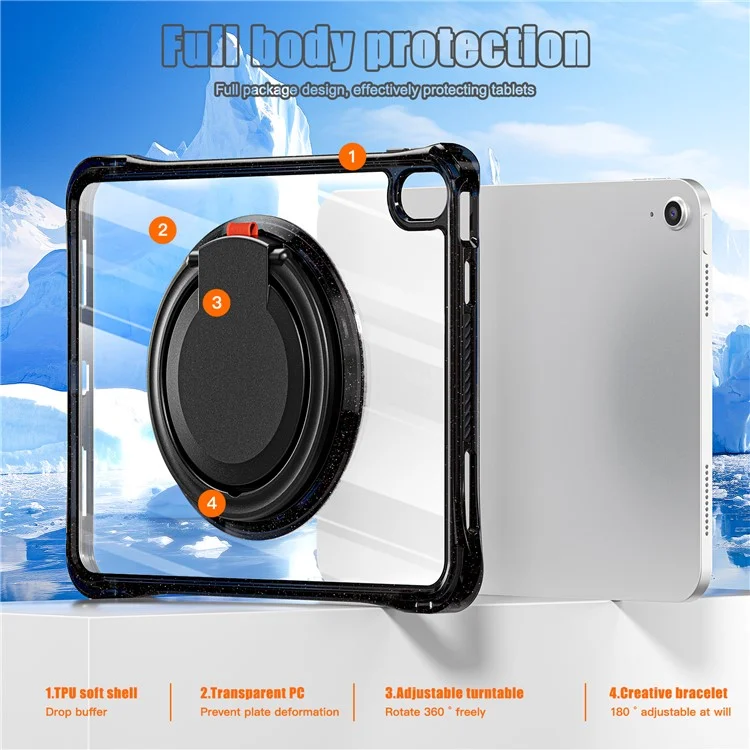 For iPad (2025) / 10.9 (2022) Case Rotating Handle Grip TPU+PC Clear Tablet Cover - Black