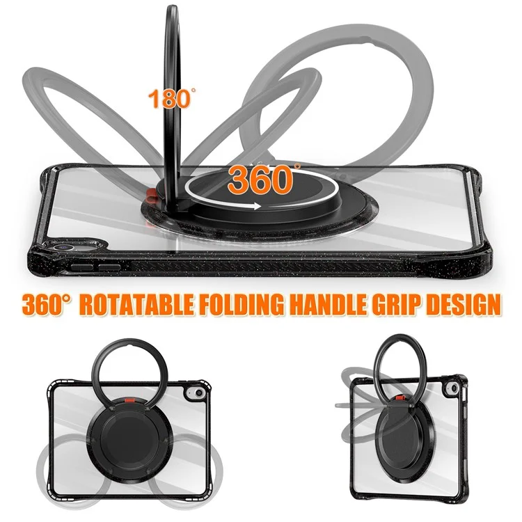 For iPad (2025) / 10.9 (2022) Case Rotating Handle Grip TPU+PC Clear Tablet Cover - Black