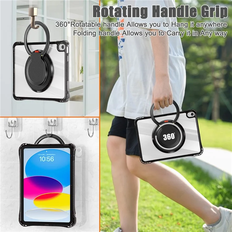 For iPad (2025) / 10.9 (2022) Case Rotating Handle Grip TPU+PC Clear Tablet Cover - Black