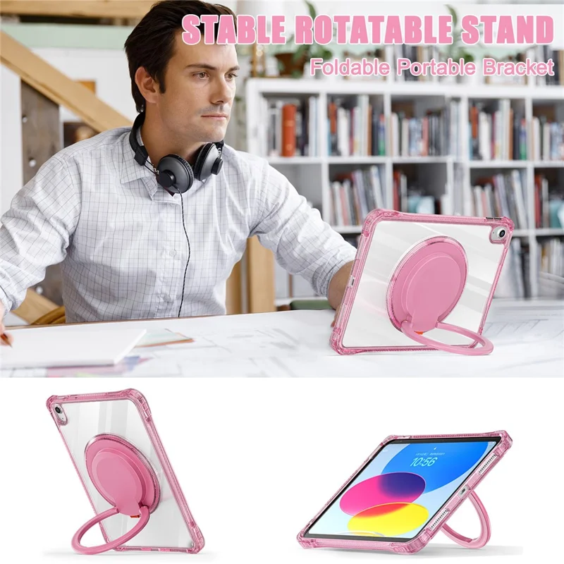 For iPad (2025) / 10.9 (2022) Case Rotating Handle Grip TPU+PC Clear Tablet Cover - Rose
