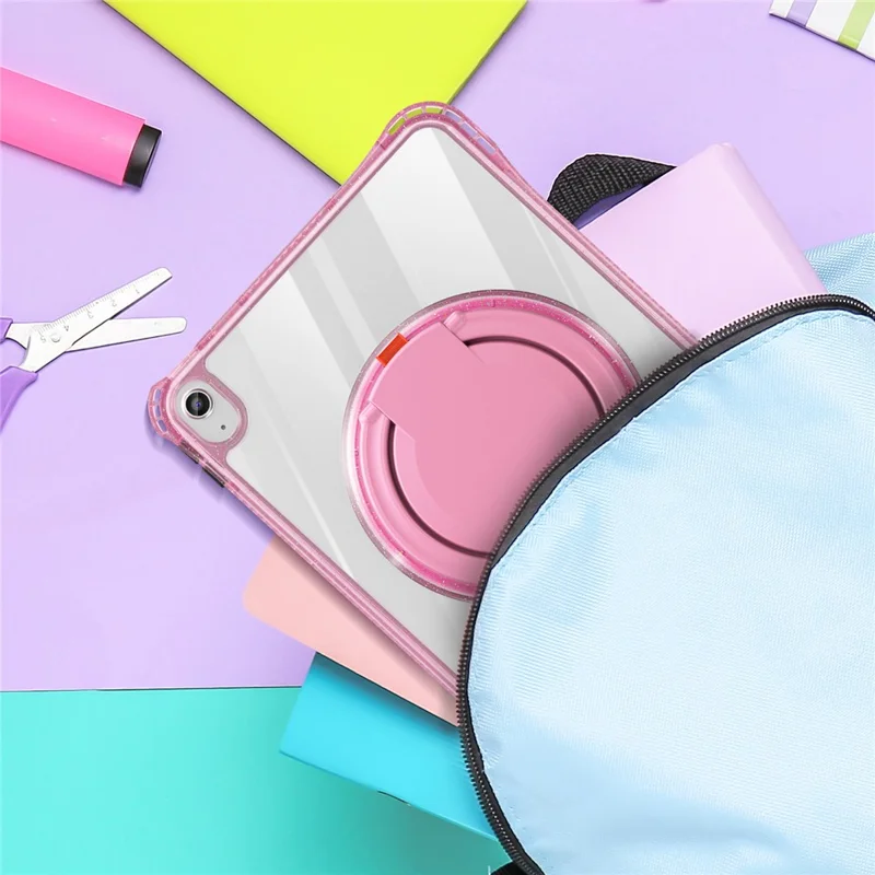 For iPad (2025) / 10.9 (2022) Case Rotating Handle Grip TPU+PC Clear Tablet Cover - Rose