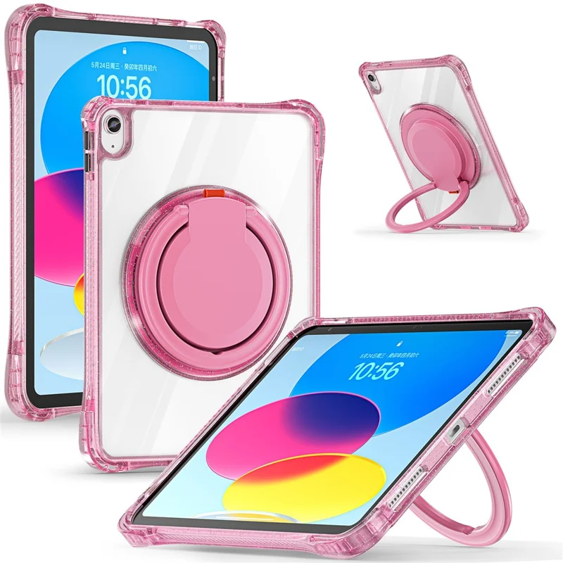 For iPad (2025) / 10.9 (2022) Case Rotating Handle Grip TPU+PC Clear Tablet Cover - Rose