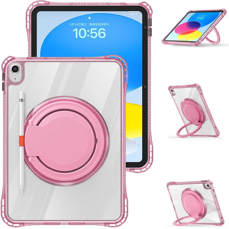 For iPad (2025) / 10.9 (2022) Case Rotating Handle Grip TPU+PC Clear Tablet Cover - Rose