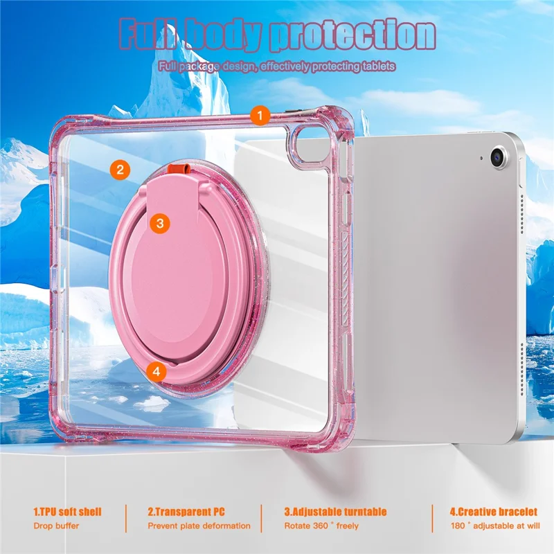 For iPad (2025) / 10.9 (2022) Case Rotating Handle Grip TPU+PC Clear Tablet Cover - Rose