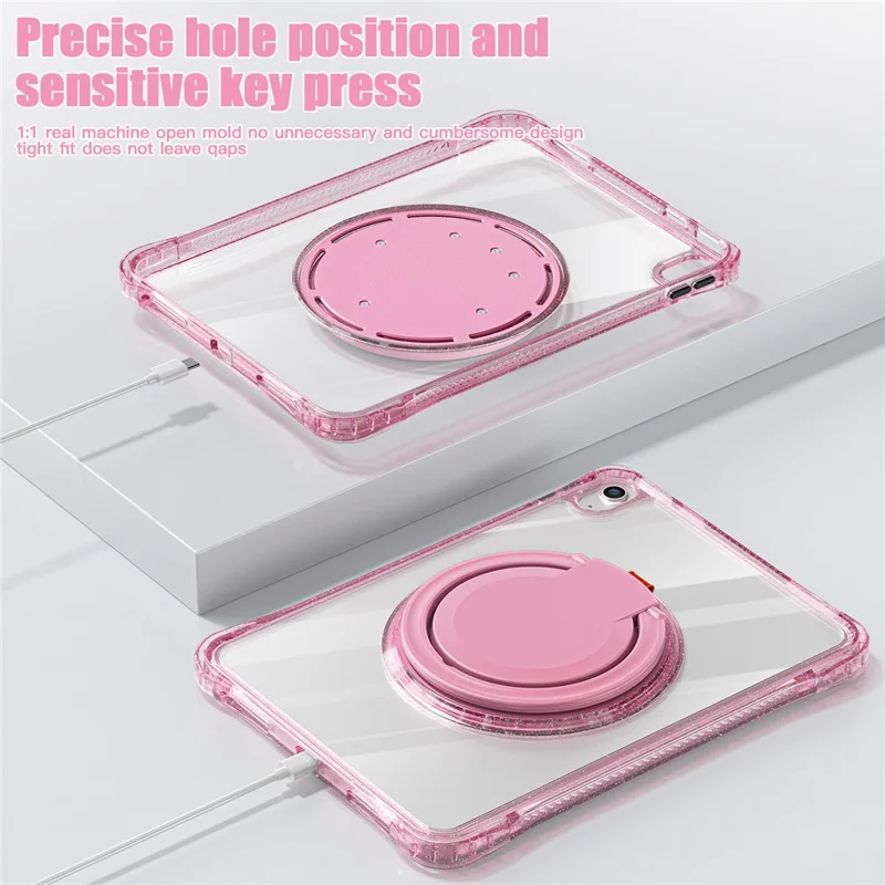 For iPad (2025) / 10.9 (2022) Case Rotating Handle Grip TPU+PC Clear Tablet Cover - Rose
