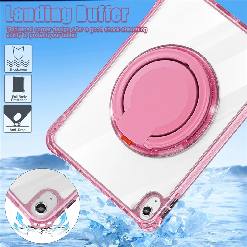 For iPad (2025) / 10.9 (2022) Case Rotating Handle Grip TPU+PC Clear Tablet Cover - Rose