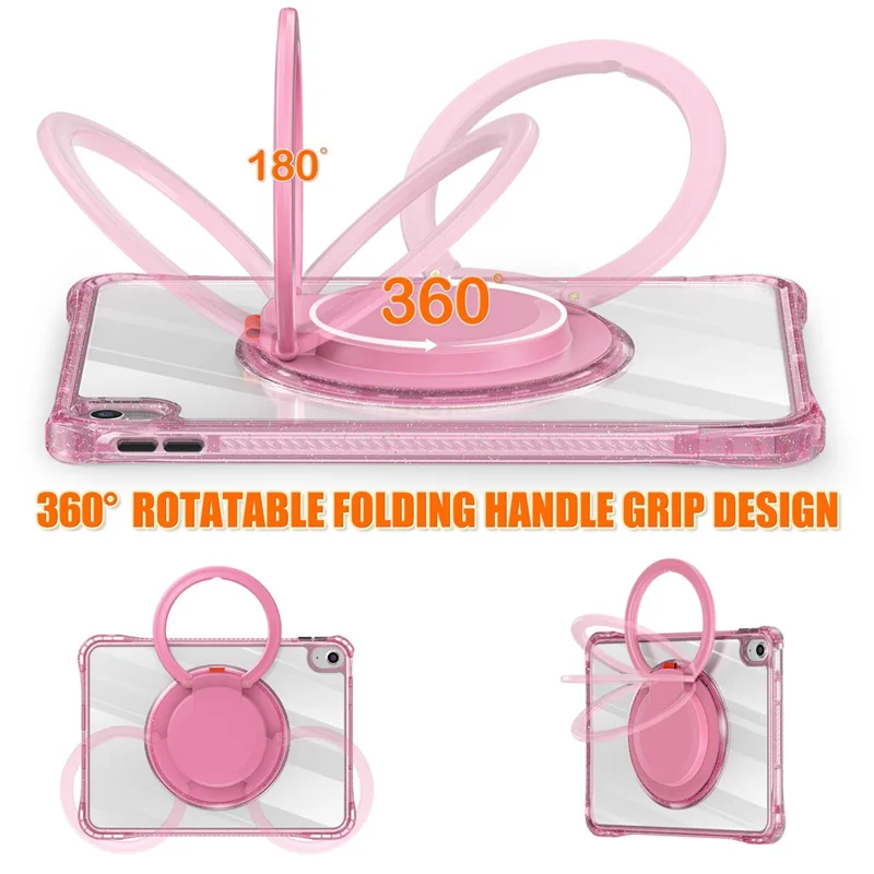 For iPad (2025) / 10.9 (2022) Case Rotating Handle Grip TPU+PC Clear Tablet Cover - Rose