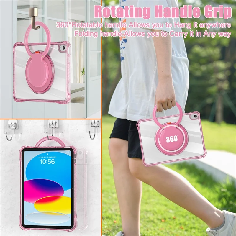 For iPad (2025) / 10.9 (2022) Case Rotating Handle Grip TPU+PC Clear Tablet Cover - Rose