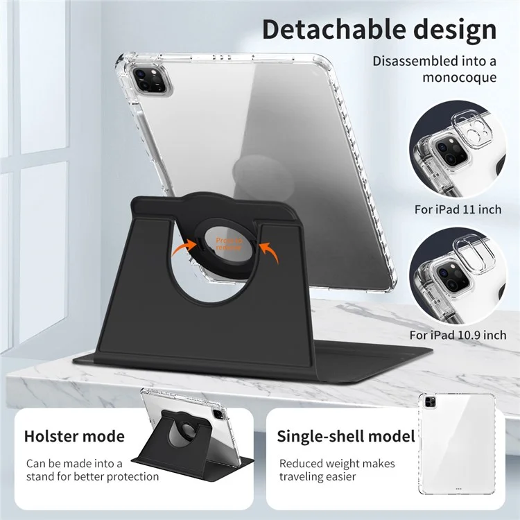 Para iPad Pro 11 (2024) Case PU Leather + Capa Protetora de Acrílico Destacável, Despertar / Dormir Automático - Preto