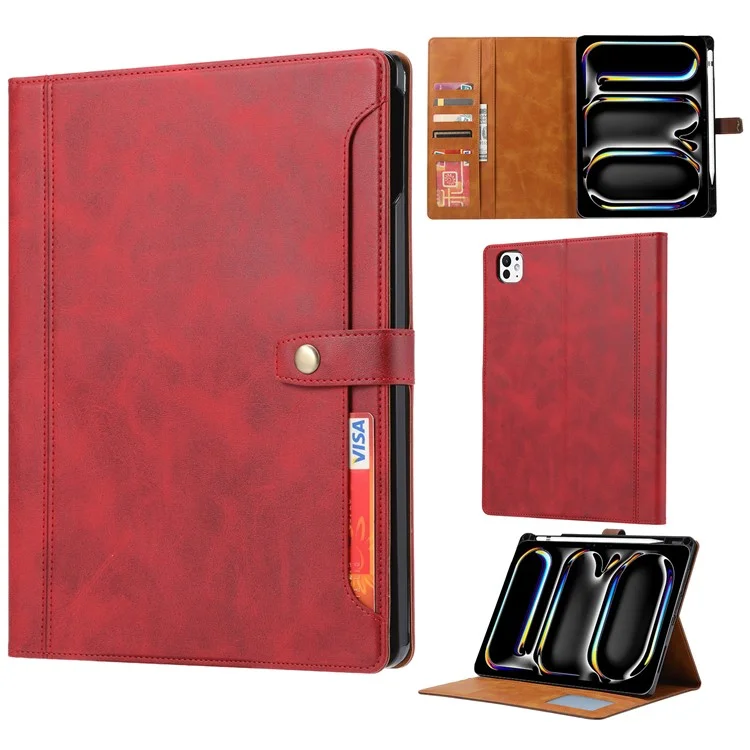 Para iPad Pro 13 (2024) Estuche Ranura Exterior Tarjeta Cartera de Cuero Funda para Tableta con Despertar / Suspensión Automática - Rojo
