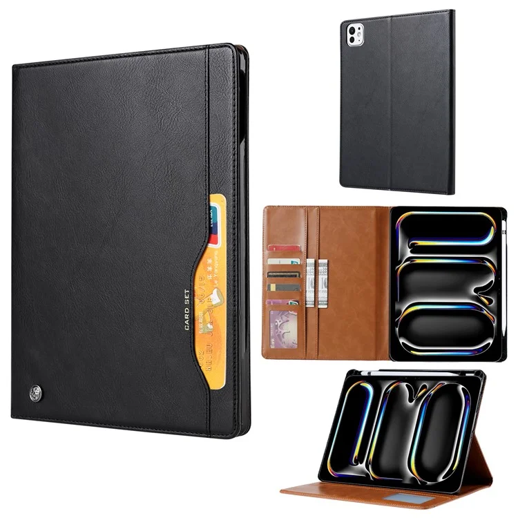 Per iPad Pro 11 (2024) Custodia Slot per Schede Portafoglio Pelle PU Risveglio/Sospensione Automatica Copertura Tablet con Slot per Penna - Nero