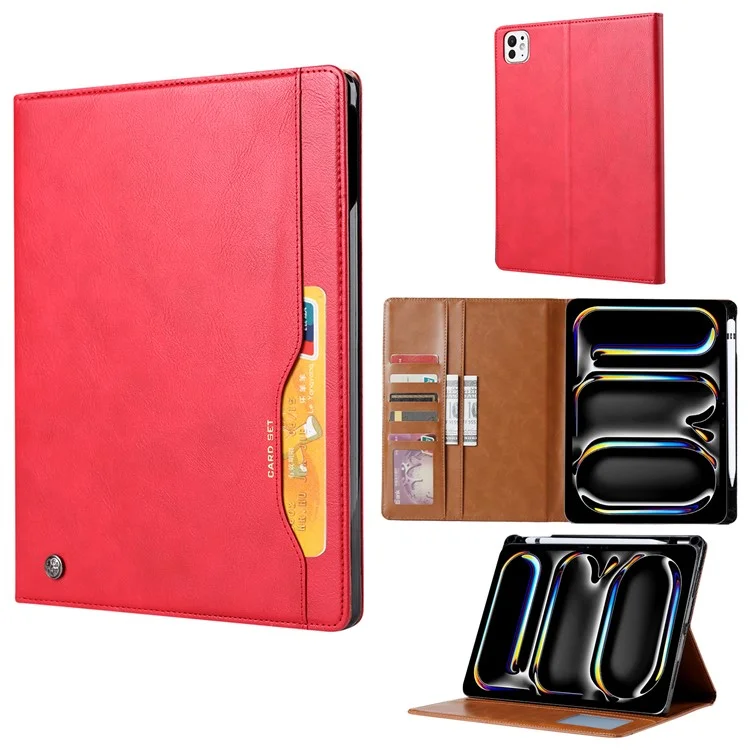 For iPad Pro 13 (2024) Case Outer Card Slot Wallet Leather Tablet Cover with Auto Wake / Sleep - Red