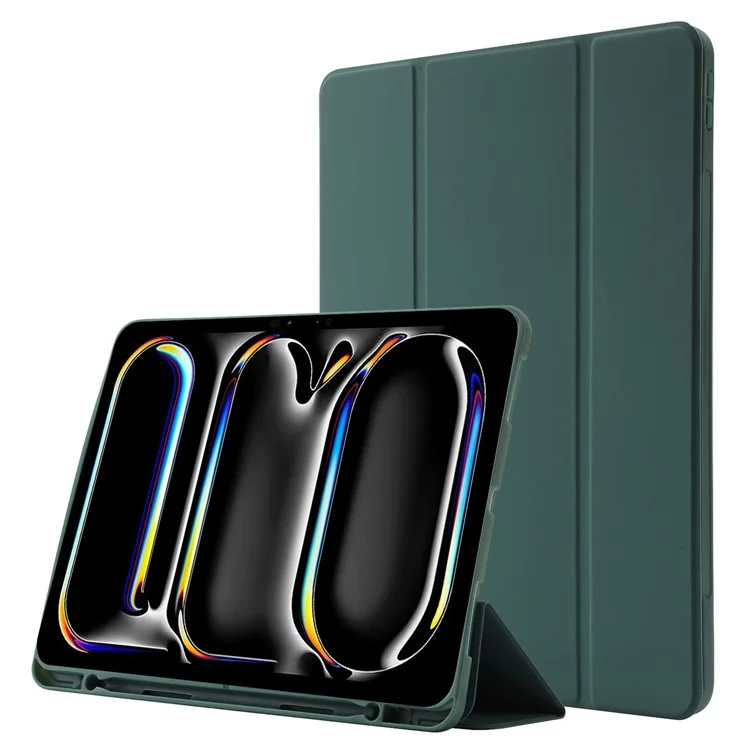 Für iPad Pro 11 (2024) Gehäuse Skin-Touch Tri-Fold Stand Leder Tablet Abdeckung mit Stifthalter - Dunkelgrün - Dunkelgrün
