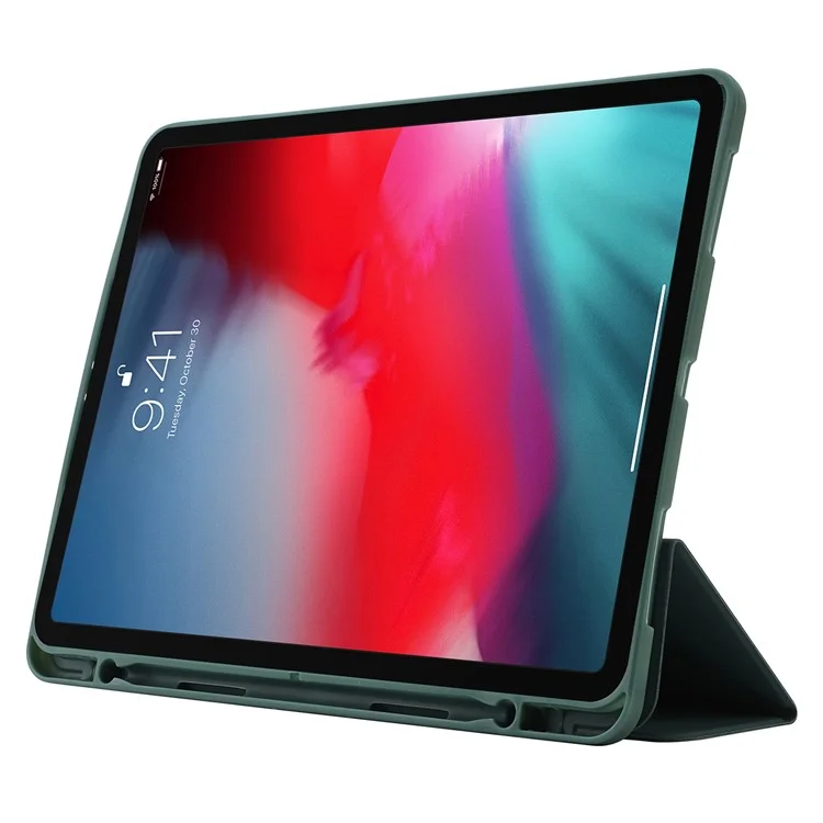 Für iPad Pro 11 (2024) Gehäuse Skin-Touch Tri-Fold Stand Leder Tablet Abdeckung mit Stifthalter - Dunkelgrün - Dunkelgrün