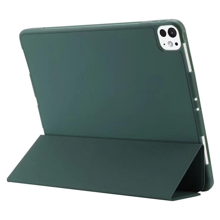 Für iPad Pro 11 (2024) Gehäuse Skin-Touch Tri-Fold Stand Leder Tablet Abdeckung mit Stifthalter - Dunkelgrün - Dunkelgrün