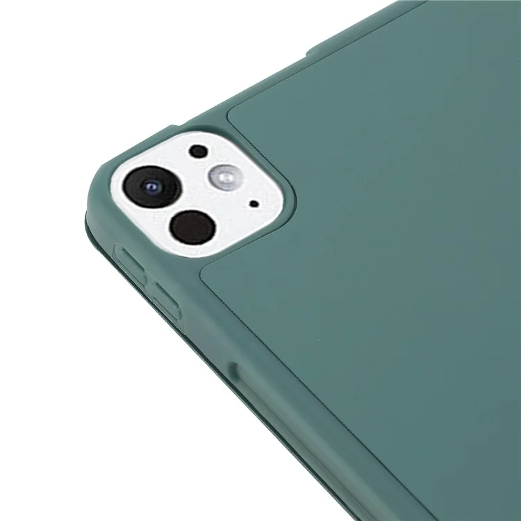 Für iPad Pro 11 (2024) Gehäuse Skin-Touch Tri-Fold Stand Leder Tablet Abdeckung mit Stifthalter - Dunkelgrün - Dunkelgrün