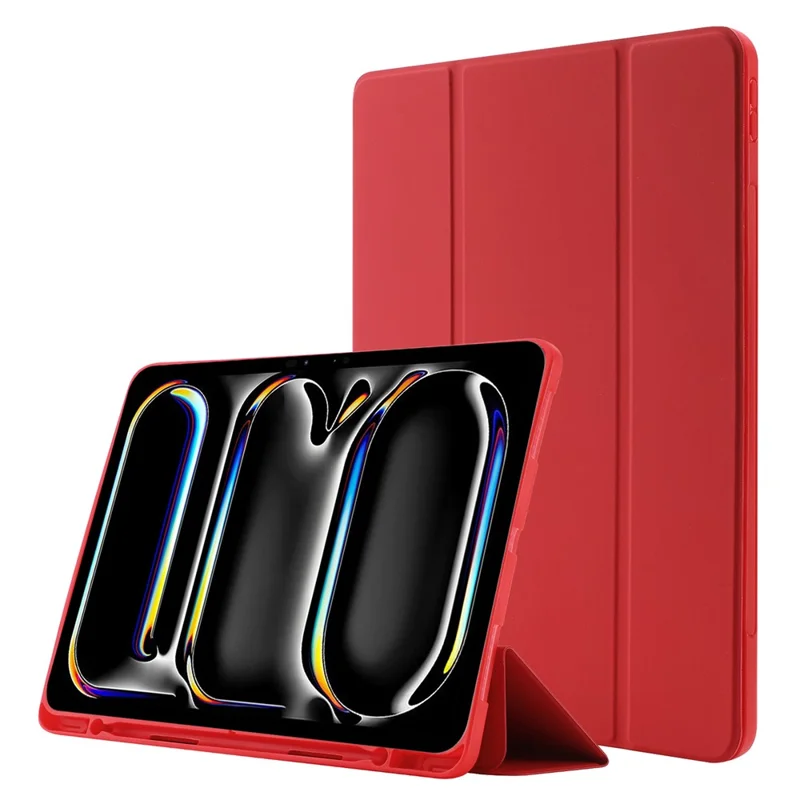 Funda para iPad Pro 11 (2024) Piel táctil Soporte plegable de tres pliegues Funda de tableta con soporte para lápiz - Verde negruzco - Rojo