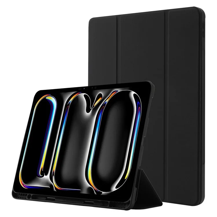 Para iPad Pro 13 (2024) Case Skin-touch Leather Tri-fold Stand Tablet Cover with Pencil Holder - Black