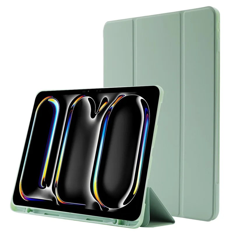 For iPad Pro 13 (2025) / 13 (2024) Case Skin-touch Leather Tri-fold Stand Tablet Cover with Pencil Holder - Green