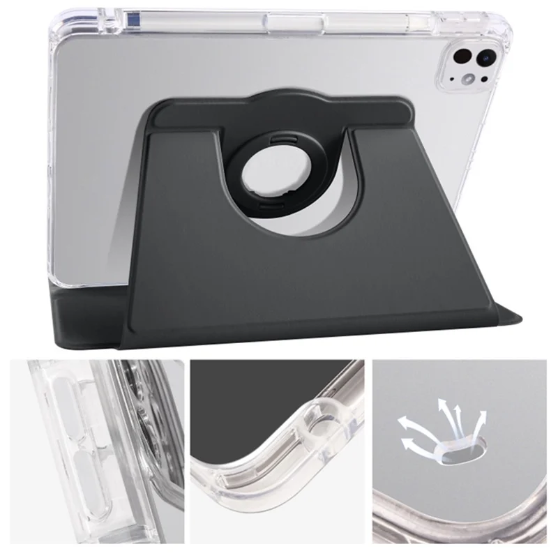 For iPad Pro 11 (2025) / 11 (2024) Clear Case Rotary Stand Detachable PU Leather TPU Tablet Cover - Black