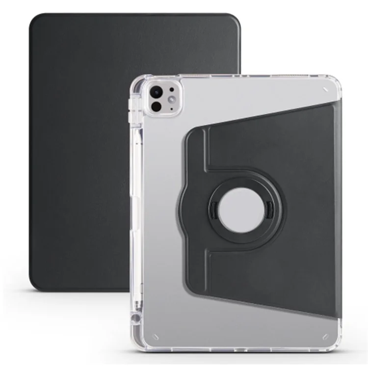 For iPad Pro 13 (2024) Case Rotating Stand PU Leather Clear Back Detachable Tablet Cover - Black