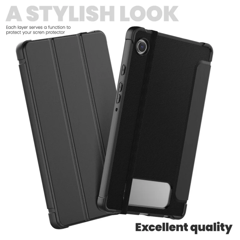 For Samsung Galaxy Tab A9 Case Carbon Fiber Texture TPU+Leather Tablet Cover Auto Wake / Sleep - Black