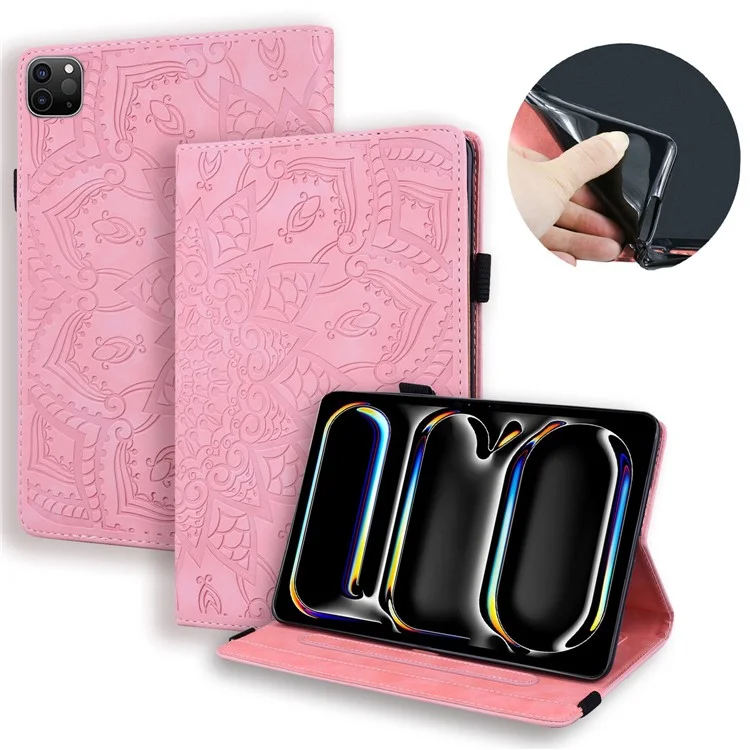 For iPad Pro 11 (2024) Case Flower Pattern Leather Tablet Cover Auto Wake / Sleep - Pink