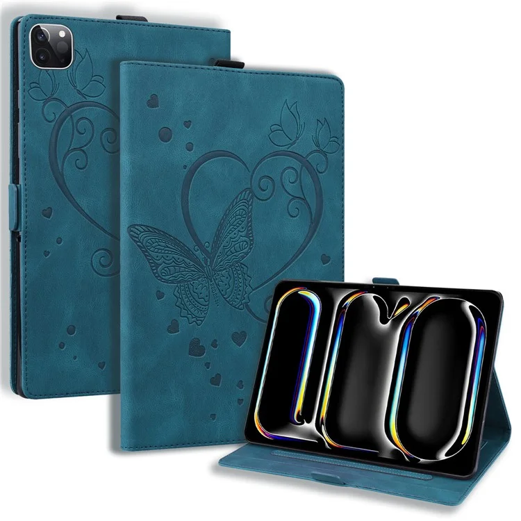 For iPad Pro 11 (2024) Case with Card Slots Butterfly Imprinted Leather Tablet Cover - Blue