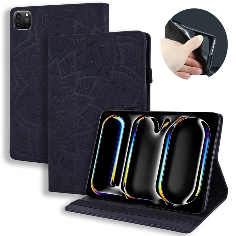 For iPad Air 13 (2025) / (2024) / Pro 12.9 (2020) / (2021) Case PU Leather Flower Pattern Stand Cover - Black